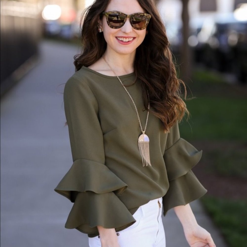 NWT J Crew Tiered/ Bell Sleeve Top in Olive Size 10
